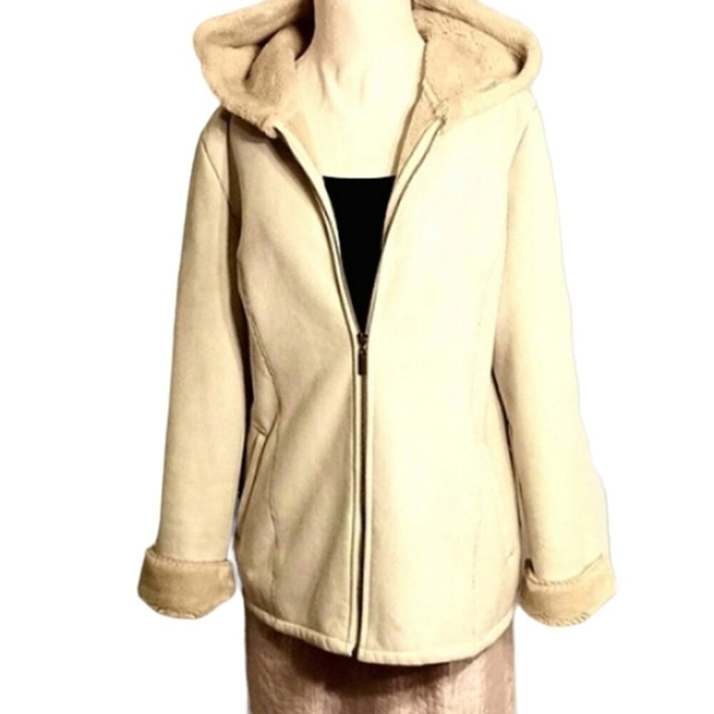Marvin Richards Coat Women's Sz M Beige Fleece Lined Faux Suede Hood Warm Jacket